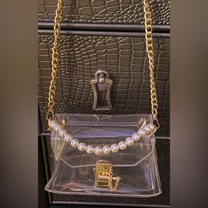 (Clear handbag) Small, Good chain shoulder scrap, Pearl handle for carrying.